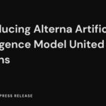 A black background with white text displaying 'April 14, 2025' at the top. Below it, in larger text, is the headline 'Introducing Alterna Artificial Intelligence Model United Nations'. At the bottom left corner is the Alterna logo followed by text that reads 'PRESS RELEASE'